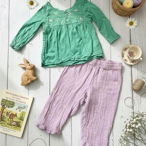 Toddler Girls Embroidered Green Top and Purple Pant Outfit